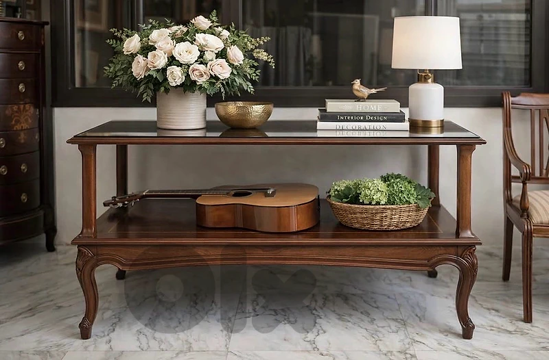 Two-tier console table with a glass top. ✨