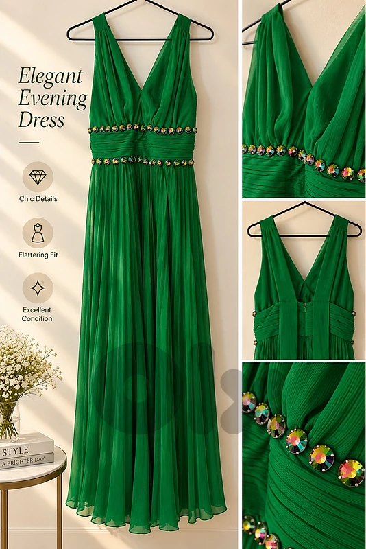 Elegant Green Long Evening Dress with Crystal Details - Size 36