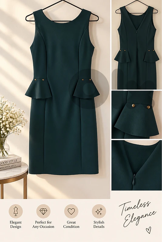 Elegant Dark Green Peplum Dress – Size Small