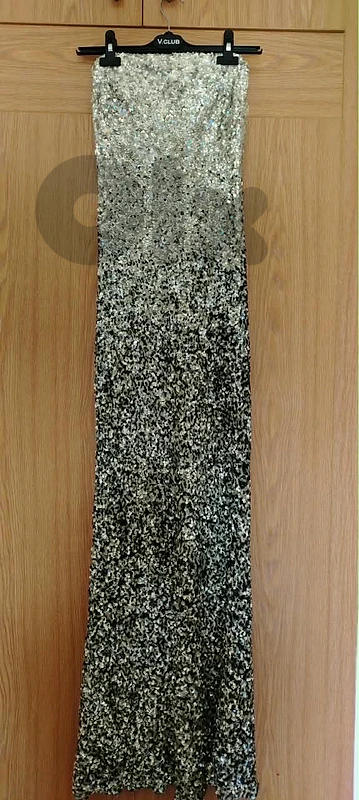 Glamorous Silver to Black Ombré Sequin Strapless Evening Gown