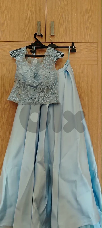 Elegant Powder Blue Two-Piece Lehenga Gown / Crop Top Set