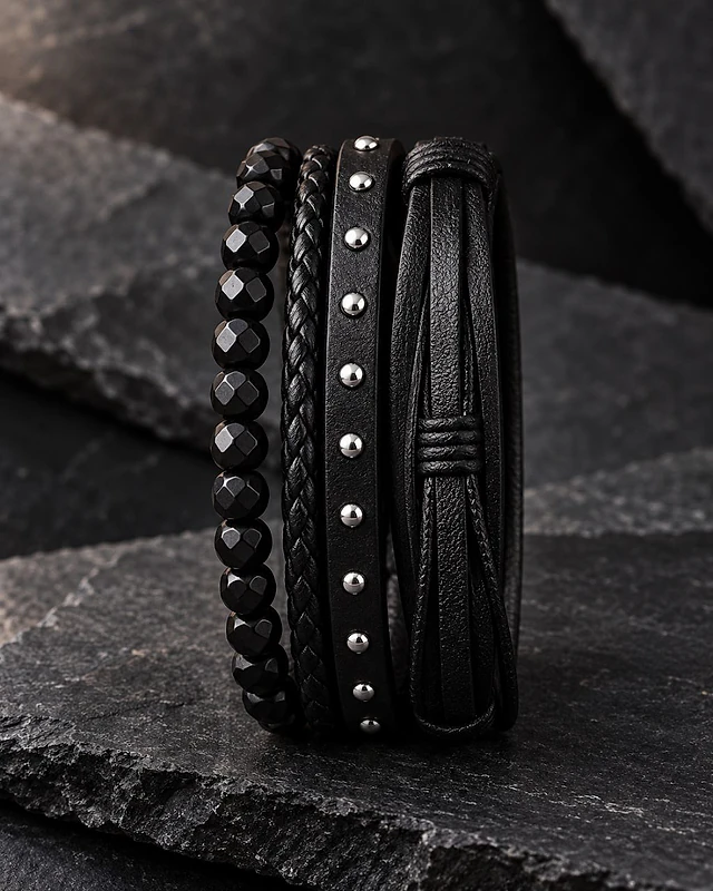 Men’s Black Studded Multilayer Bracelet