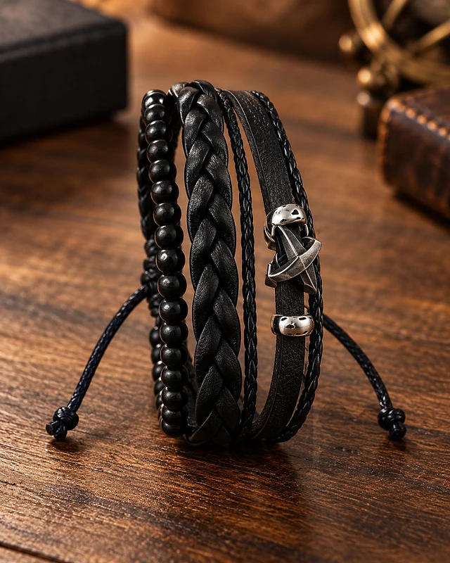 Men’s Black Anchor Multilayer Bracelet