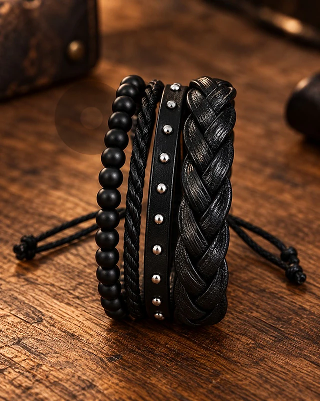 Men’s Black Braided & Beaded 3-Piece Bracelet Set