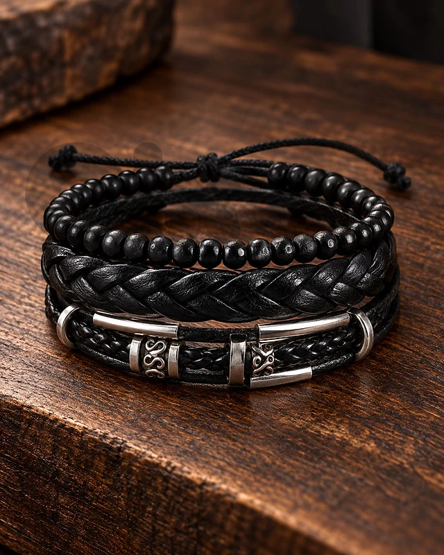 Men’s Black Silver-Accent 3-Piece Bracelet Set