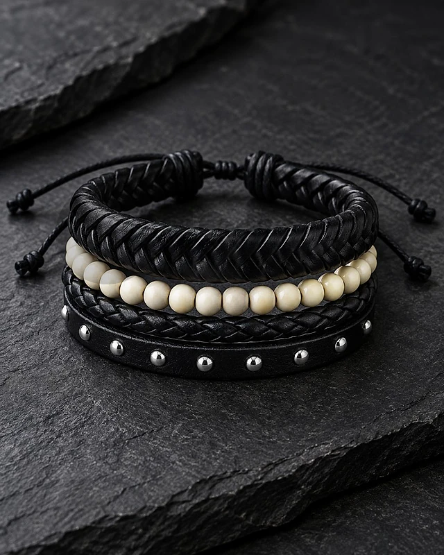 Men’s Ivory Bead & Black Braided 4-Piece Bracelet Set
