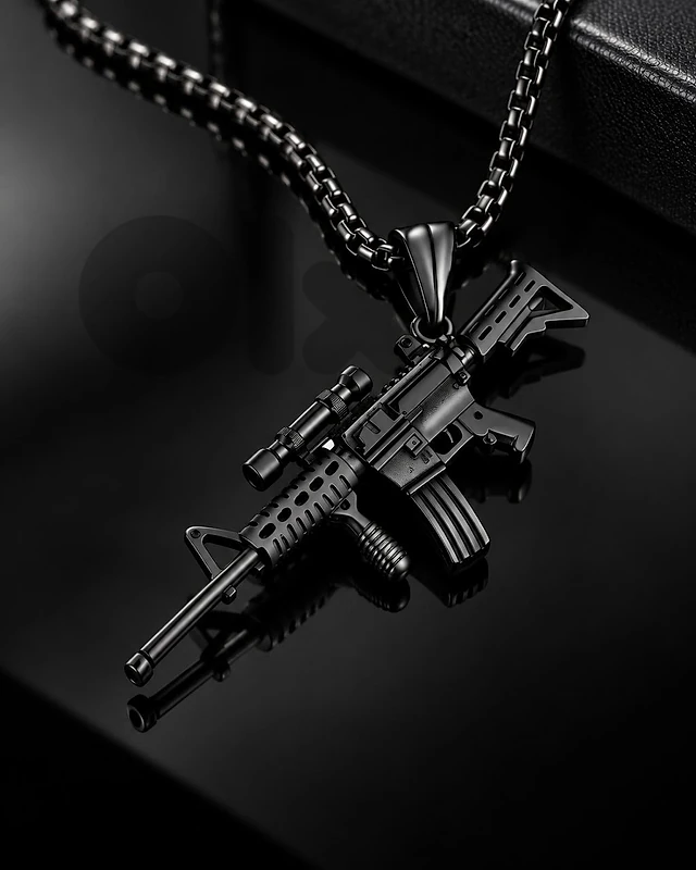 Men’s Black Tactical Rifle Pendant Necklace