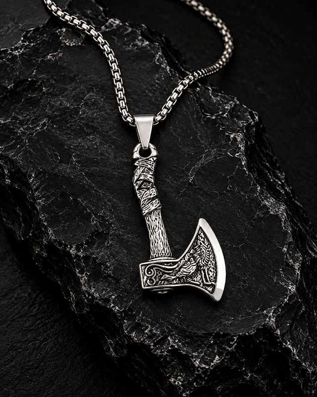 Men’s Engraved Viking Axe Pendant Necklace