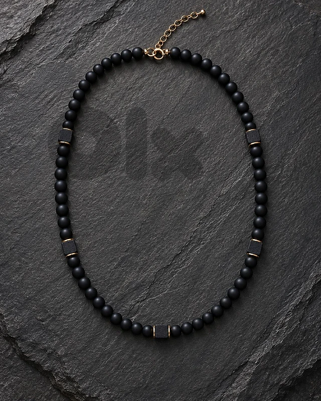 Men’s Matte Black Lava Stone Beaded Necklace