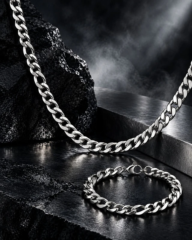 Men’s Silver Cuban Chain Necklace & Bracelet Set