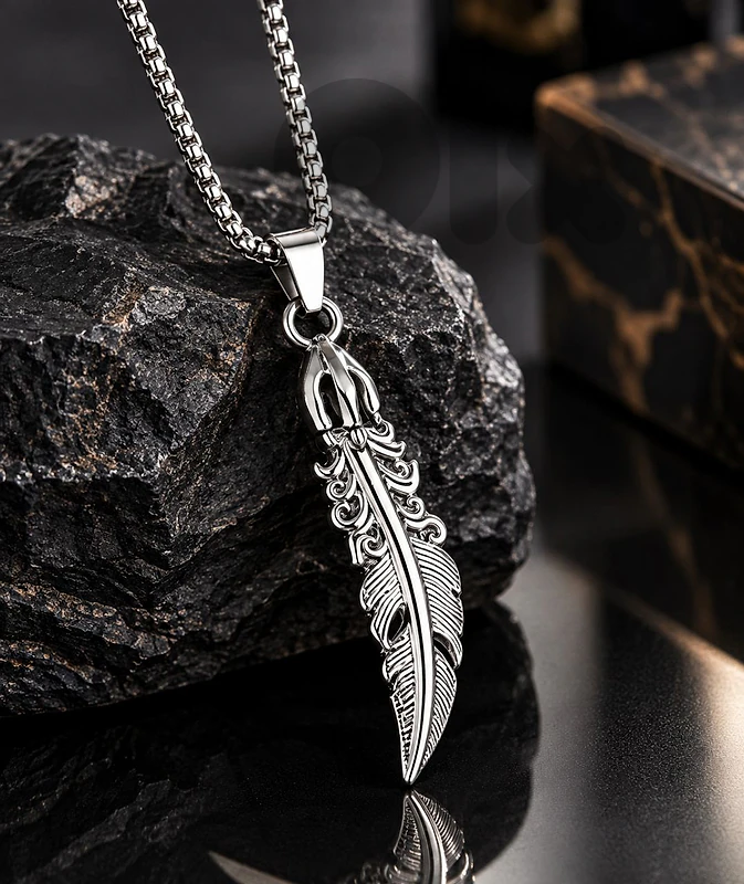 Men’s Silver Feather Pendant Necklace