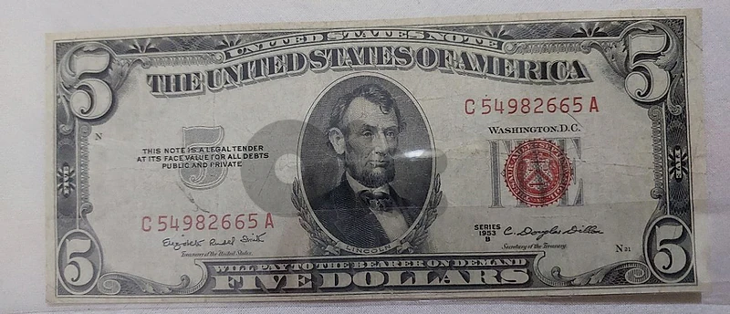 USA Five Dollars Red banknote year 1953