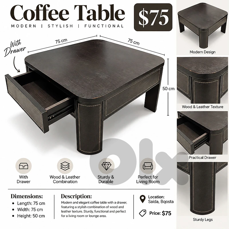Coffee Table Wood with Leather Texture