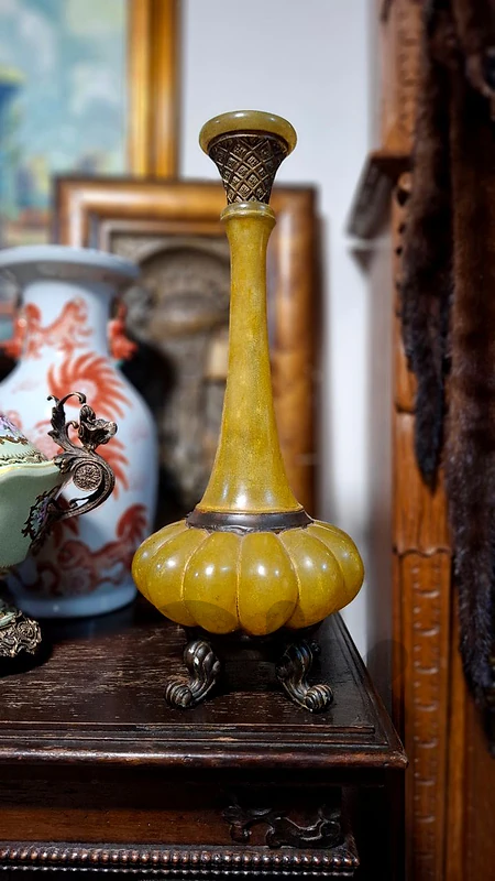 Vintage Amber Resin Fluted Vase on Ornate Scroll Feet