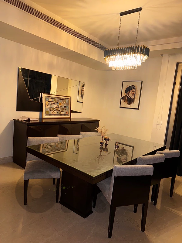 full dining table with mirror amd buffet and 8 chairs