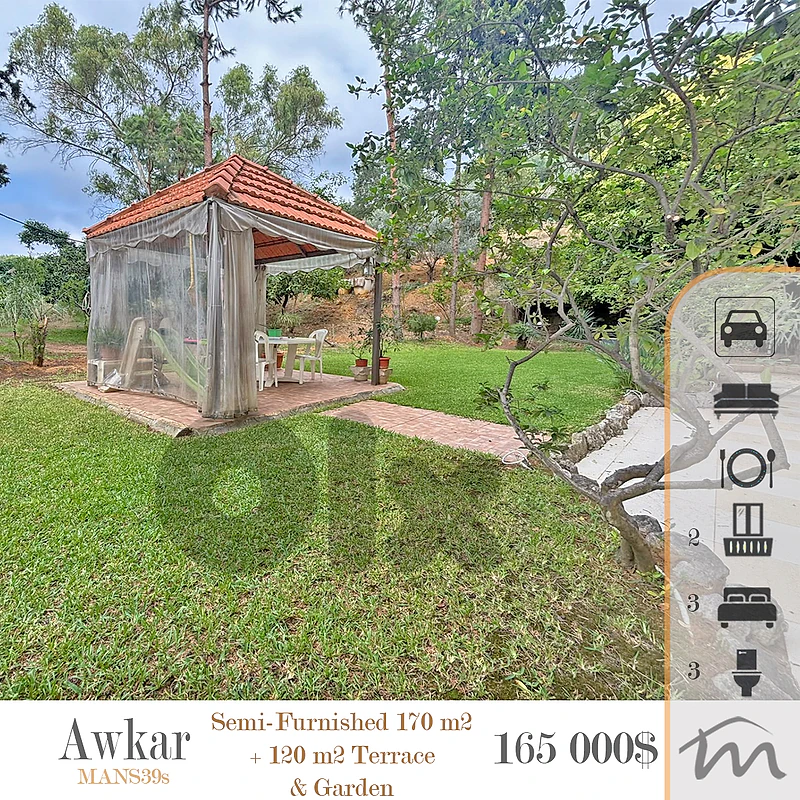 Awkar | Semi-Furnished 170m² + 120m² Terrace & Garden | Open View