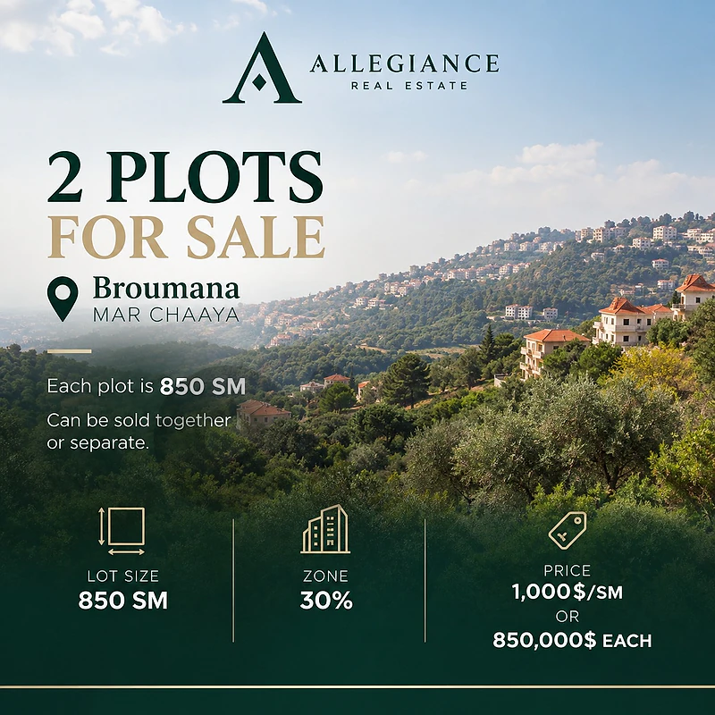 2 Plots for Sale in Broumana Mar Chaaya | 850 sqm Each