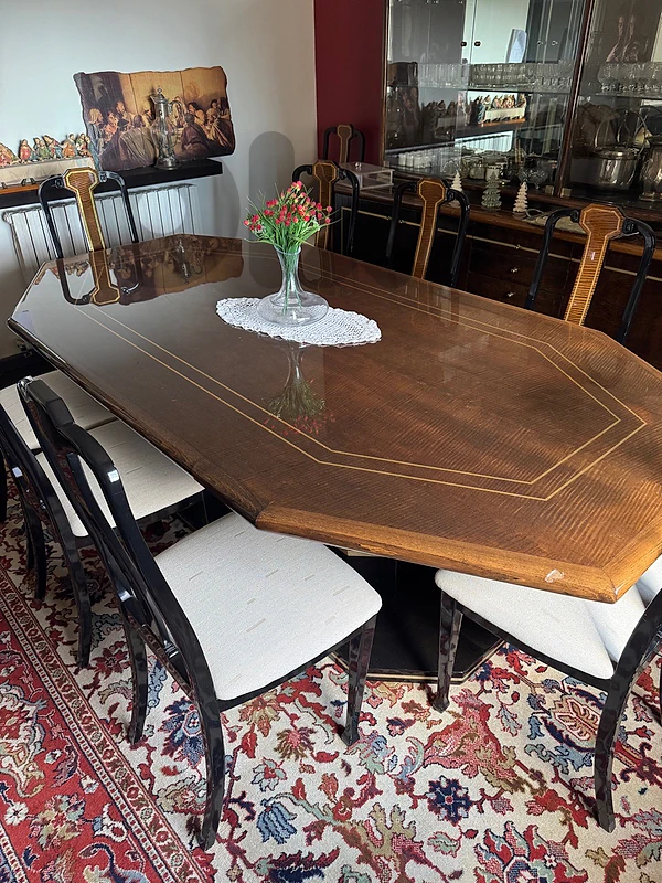 Laquered Dining table and 10 chairs