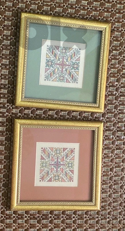 Pair of Identical Hand-Stitched Folk Art Cross-Stitch Art