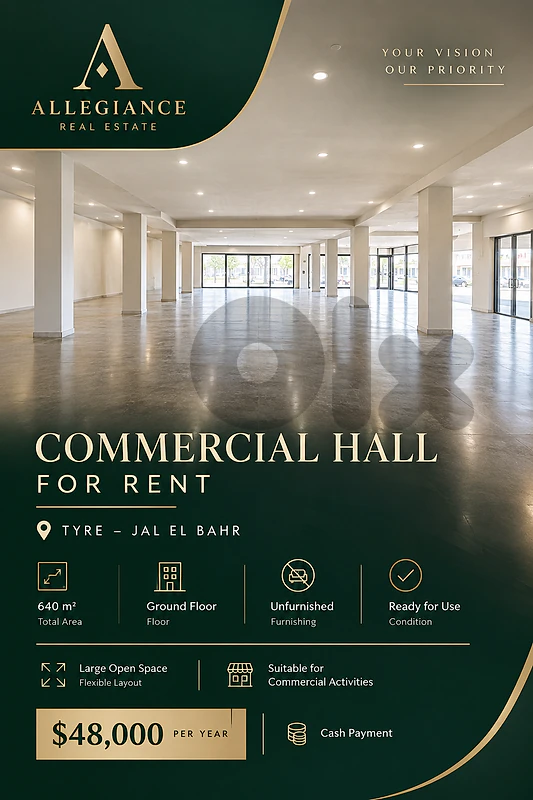 640 sqm Commercial Hall for Rent in Tyre | $48K/Year
