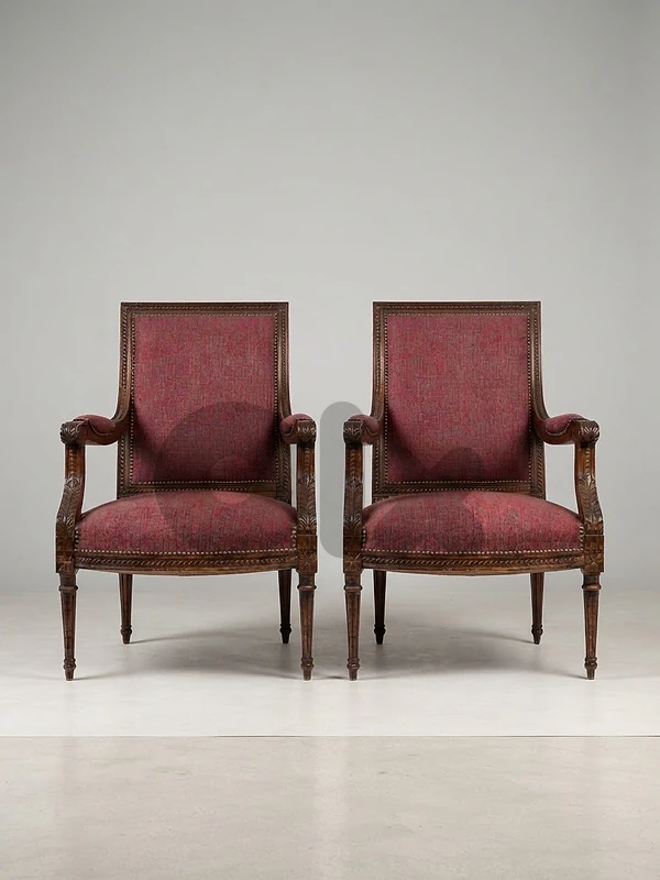 Pair of Antique Louis XVI Carved Wood Armchairs - Red Upholstery