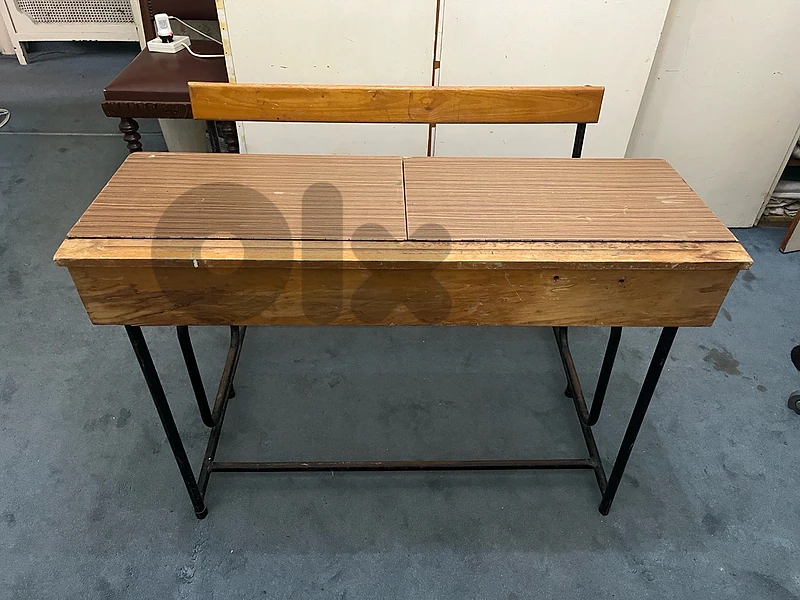 Vintage Double School Desk with Bench & Storage Compartments