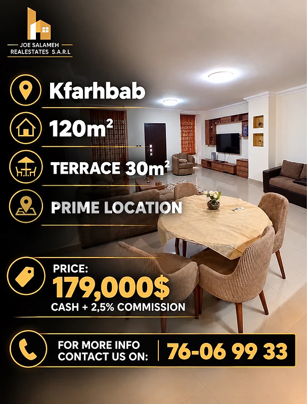 Apartment for sale in Kfarhbab Furnished 120m2+30m2 terrace 179,000$