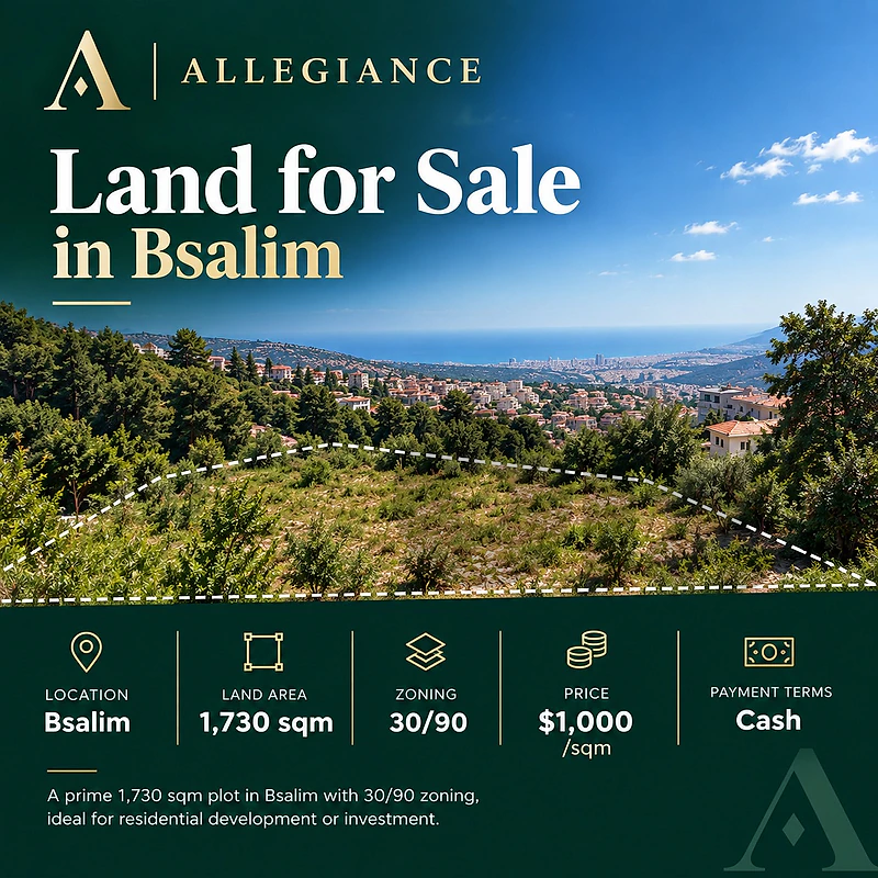 1,730 sqm Land for Sale in Bsalim – 30/90 Zoning