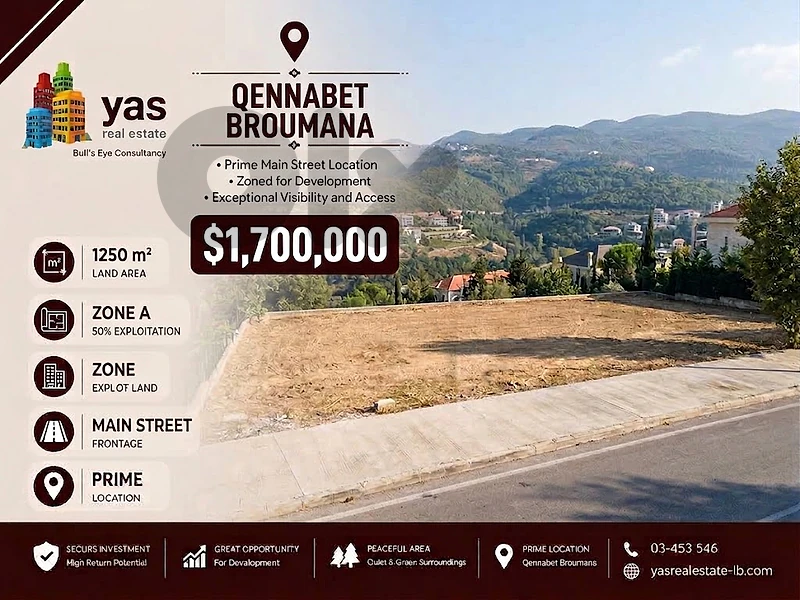 Qennebit Broumana 1250m2 | Land | Prime Location | Residential | TCH