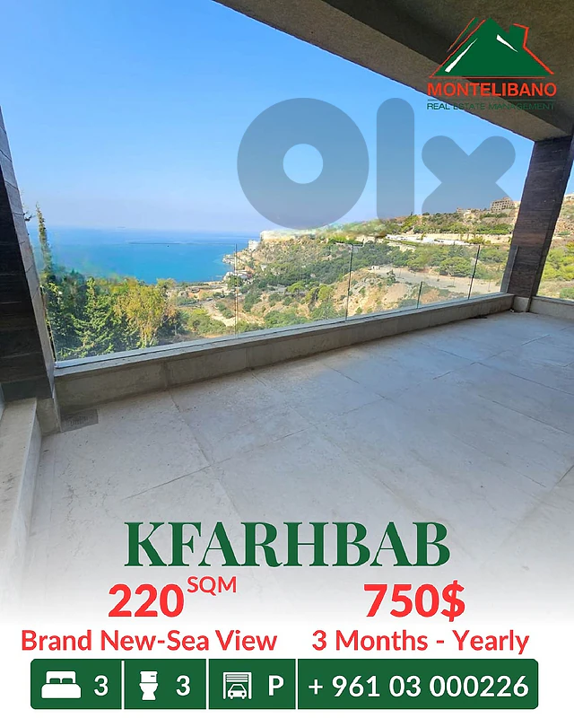 220 sqm Apartment For Rent in Kfarhbab كفرحباب with Open Sea View