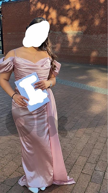 Elegant Blush Pink Satin Off-Shoulder Evening Dress