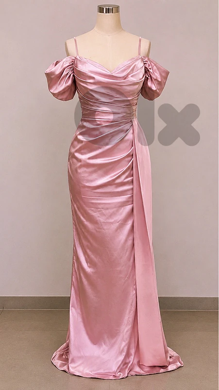 Elegant Blush Pink Satin Off-Shoulder Evening Dress