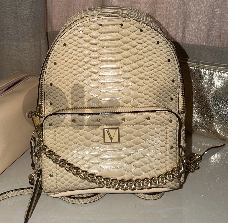 Victoria’s Secret Mini Backpack Beige Snake-Embossed Design