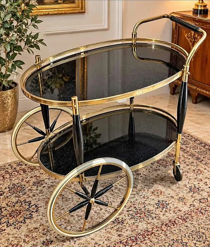 trolley bar brass and black glasses vintage Italy art deco