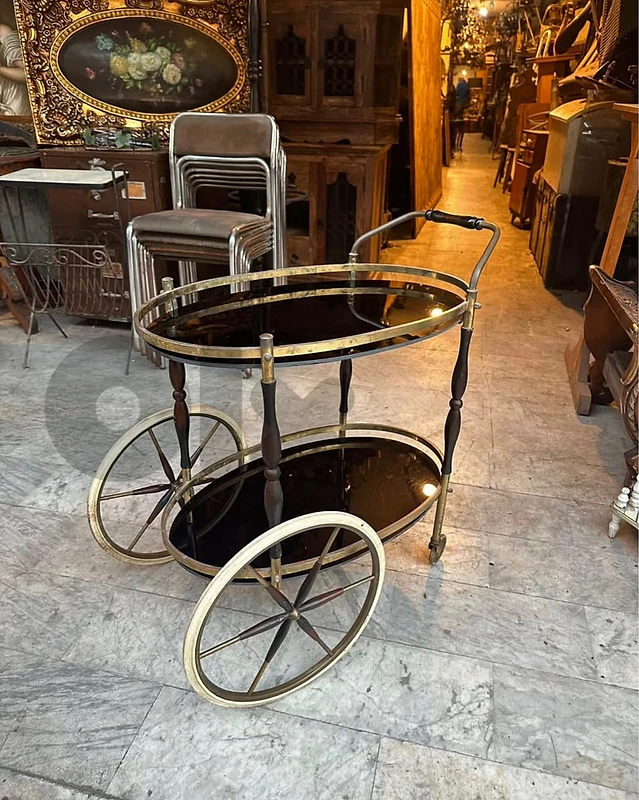 Mid-century original trolley bar brass and black glass 50s