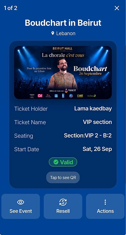 2 VIP Tickets – Boudchart at Beirut Hall – Tonight