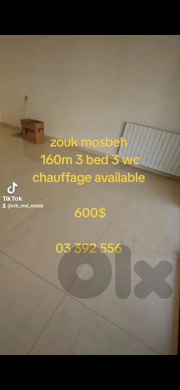 zouk mosbeh 160m 3 bed 3 wc chaufage for 600$