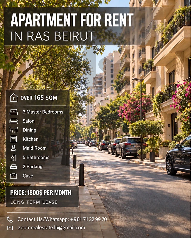 Luxury Apartment For Rent In Ras Beirut | 3 Master Bedrooms