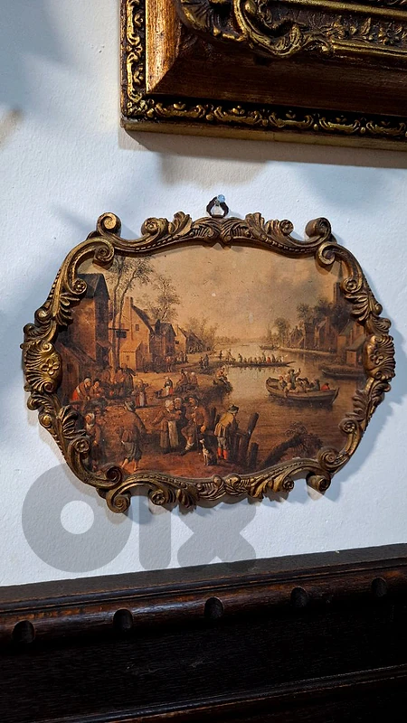 Rare Italian Hand-Painted Village Scene on Wood (Depose Italy)