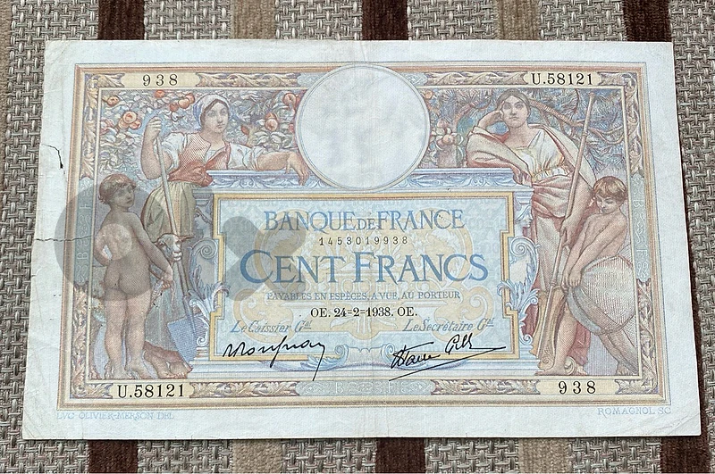 عملة ١٠٠ فرنك فرنسي سنة ١٩٣٨ French 100 franc banknote