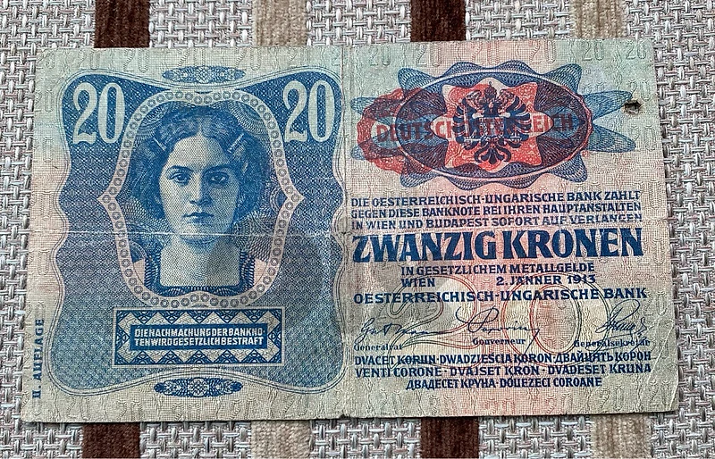 عملة ٢٠ كراون نمساوي هنغاري سنة ١٩١٣ احتلال الماني Banknote