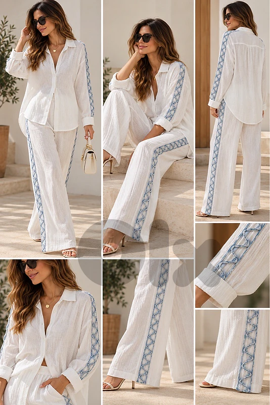White Two-Piece Blouse & Trouser Set