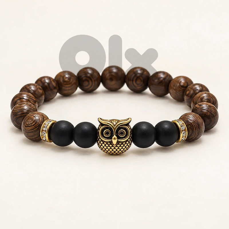Men’s Golden Owl Brown Beaded Bracelet