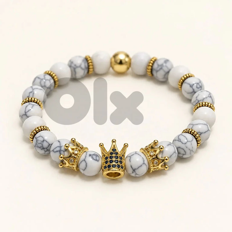 Men’s Royal Crown White Beaded Bracelet