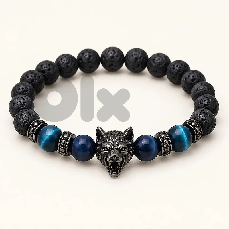 Men’s Wolf Blue Tiger Eye & Lava Bead Bracelet