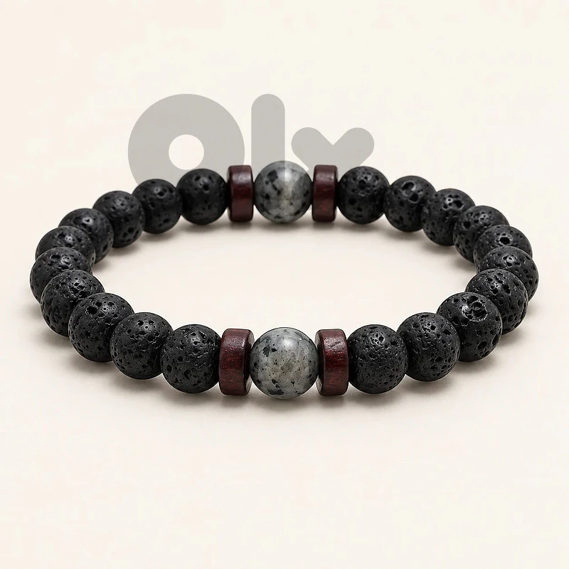 Men’s Black Lava Bead Bracelet with Grey Stone Accent