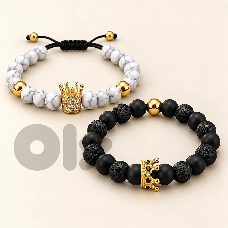 Men’s Black & White Crown Beaded Bracelet Set