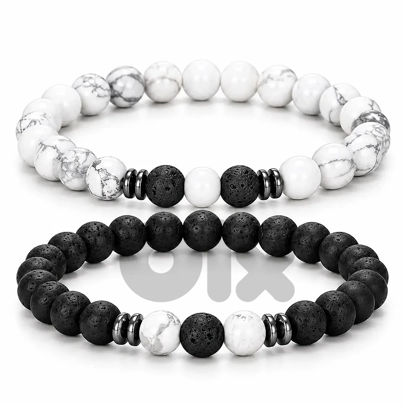 Men’s Black & White Howlite Lava Bead Bracelet
