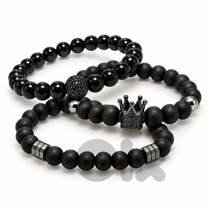 Men’s Black Crown Beaded Bracelet Set