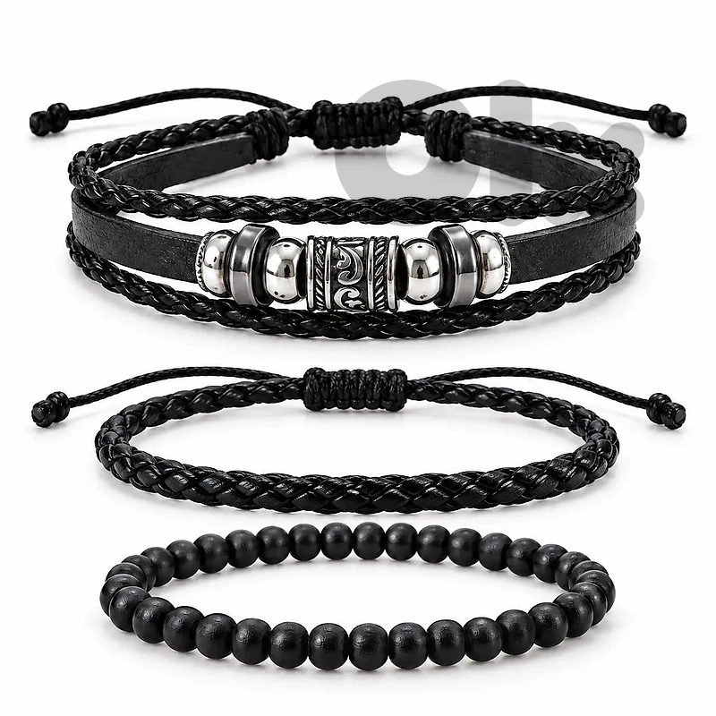 Men’s Black Ornate Silver 3-Piece Bracelet Set